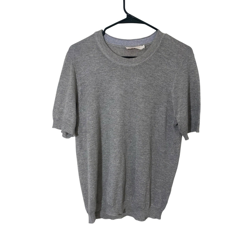 Tory Burch Metallic Sparkle Gray Knit Top Short Sleeve L Quiet Luxury Designer